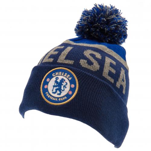 Bonnet Chelsea pompon texte bleu/gris