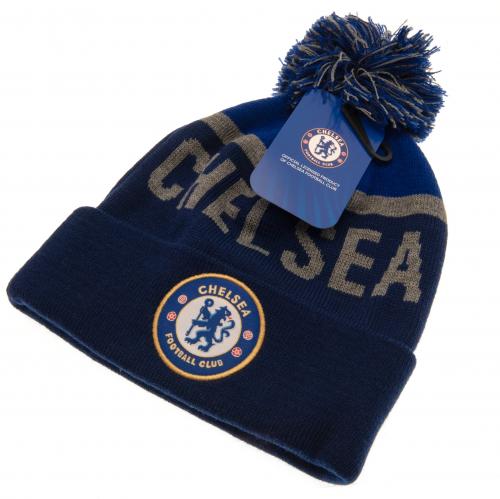 Bonnet Chelsea pompon texte bleu/gris