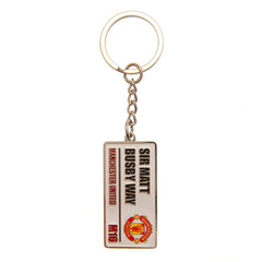 Manchester United keychain plate Sir Matt Busby way white