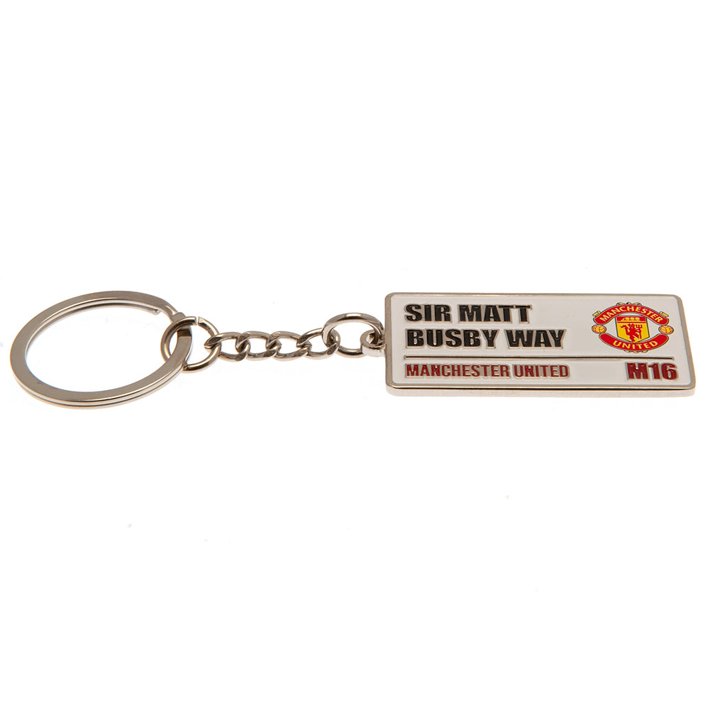 Manchester United keychain plate Sir Matt Busby way white