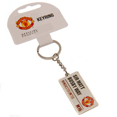 Manchester United keychain plate Sir Matt Busby way white